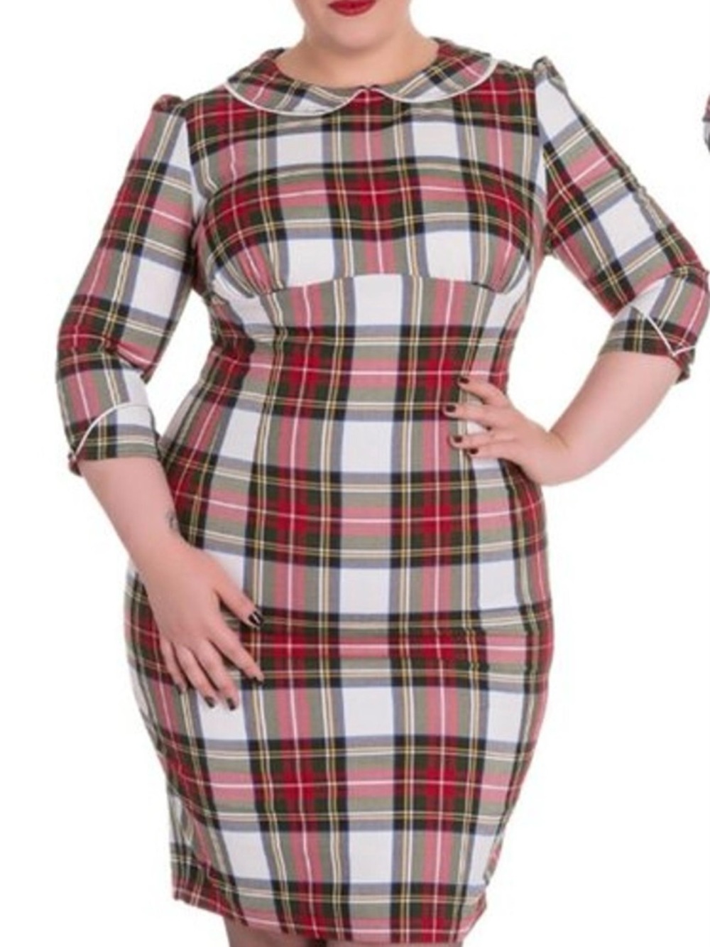 Hell Bunny Doralee Tartan Plaid 2XL pencil dress with Peter Pan Collar